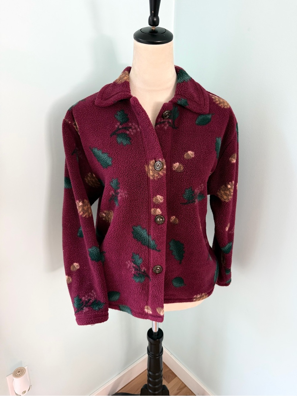 Coldwater Creek Petite Small Acorn Leaf Fleece Jacket Burgundy Fall Cottage